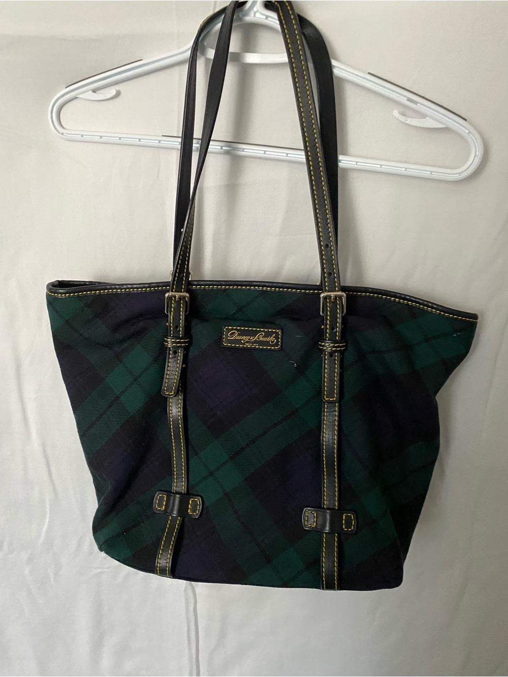 Dooney & Bourke Black and Green Plaid Tote with Leather Trim